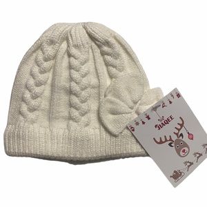 Baby knit beanie with bow cotton lined white